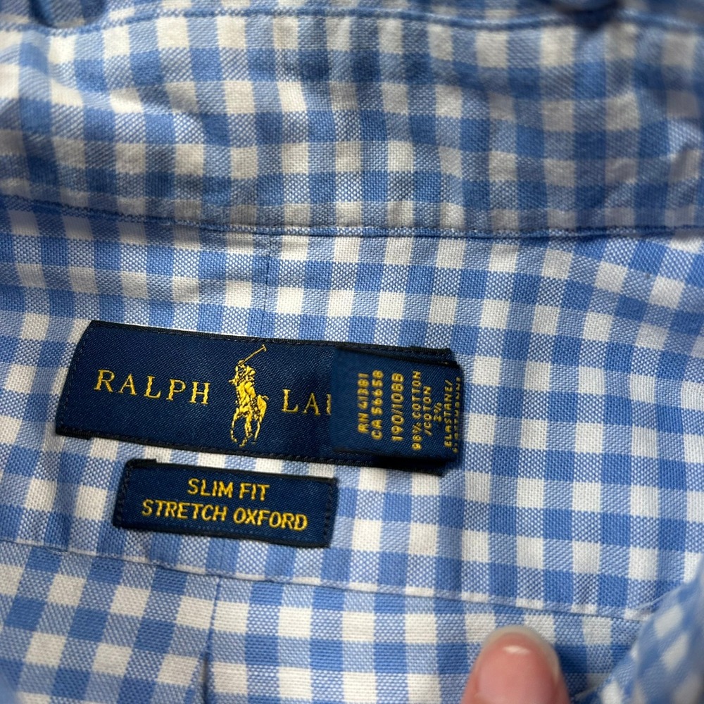 Ralph Lauren Button Down Shirt XXL Blue Gingham Slim Fit Stretch Oxford - Picture 7 of 8